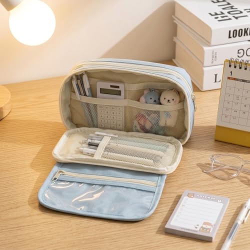 Image of Zibuyu Large Capacity Pencil Pouch for Girls & Boys, 9-Layer Pencil Case (Sky Blue) | Multipurpose Pouch for Stationery Items, Makeup, Accessories, with Clear Mesh Pockets, Blue