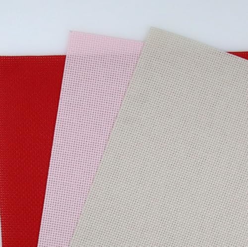Image of KCS 3 pc of 15 inch x 18 inch(38cmx45cm) Counted Cross Stitch Cotton Aida Cloth Needlework Rolled Fabric Box,16CT,Pink+Red+Pearl Grey