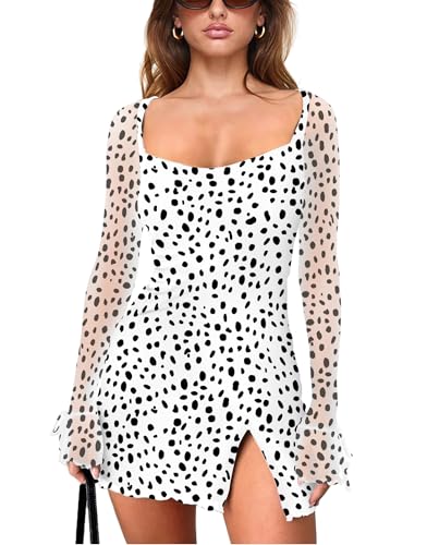 Image of HYPERFIRE Women's Mesh Long Sleeve Square Neck Split Hem Party Club Cocktail Bodycon Mini Dress