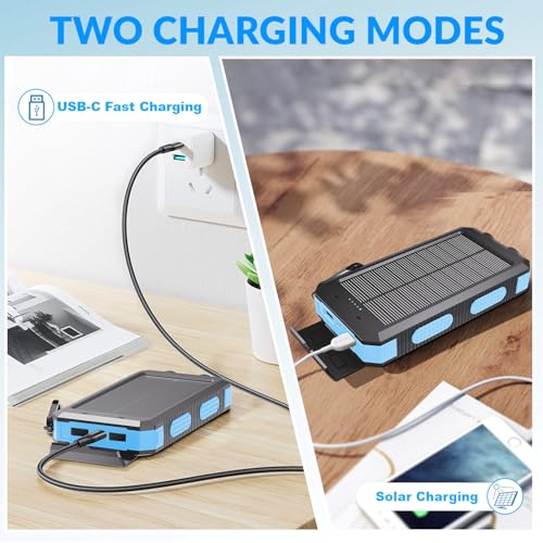 Image of Power Bank Solar Charger 20,000mAh, Portable Phone Charger, 4 Cables Outdoor Waterproof External Backup Power Charger with USB-C for Cell Phones, Solar Battery Pack with Dual Flashlight for Camping