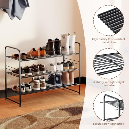 Image of Standard Shoe Rack 3-Tier 32.5 Inches Wide, Free Standing Shoe Organizer for Indoor Outdoor | Adjustable Heavy-Duty Metal Shelf Ideal for Home Entryway Closet & Garage Balcony | Black
