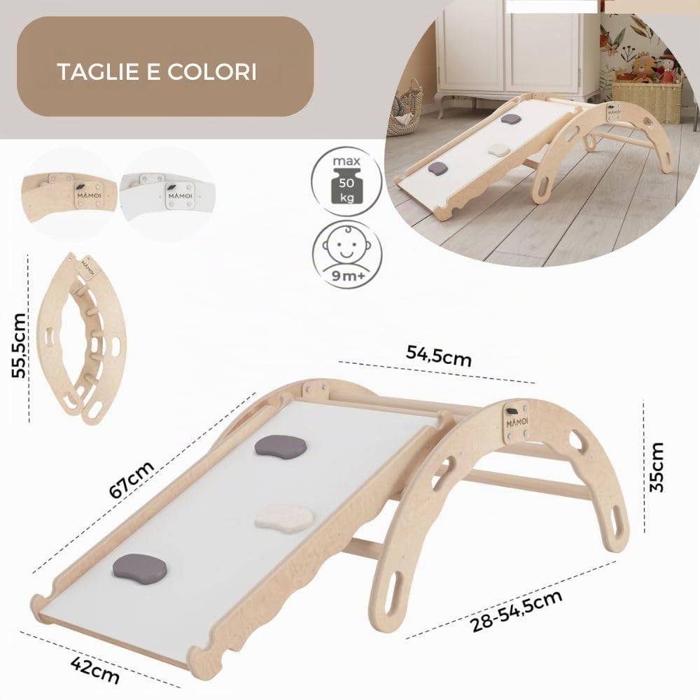 MAMOI® Arrampicata per bambini con scivolo in legno naturale, Dondolo triangolo, Altalena da casa interno, Parete arco montessori a partire da 1 anno 2/3 anni