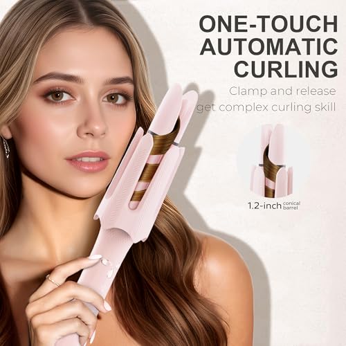 Image of Auto Rotating Hair Curler - 4 Temperature and Timer Settings, Automatic Curling Iron with Automatic Shut-Off, Anti-Tangle and Scalding, Curling Wand for Long Lasting Curls (Pink)