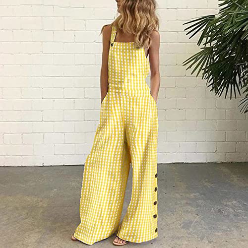 Mustard Yellow Bib Pants for Women Fall Summer Faux Linen Loose Fit Casual Overall Plaid Slit Flared Wide Leg Coveralls Trousers Pants Unitard Ladies Button 2025 S2