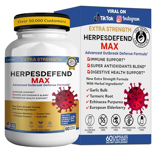 Herpes Defend Max Extra Strength Advanced Defense Formula 60 Capsules with Elderberry Echinacea Turmeric Garlic Vitamins and Probiotics