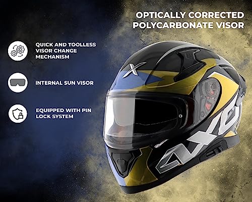 Image of Axor Apex Chromtech ISI ECE DOT Certified Full Face Helmet for Men with Dual Visor-- Black Blue, Size:M(57-58 cm)