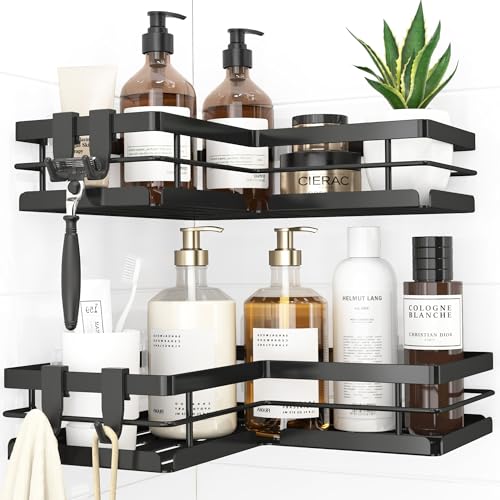 Kitsure Shower Caddy 2-Pack Corner Shower Shelf with Quick Drain Design Strong Adhesive No-Drill Installation & Rustproof Finish for Bathroom Kitchen & Laundry Black 22.0x 22.0 x 5.0 cm