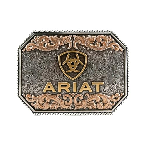 ARIAT Raised Logo Floral Scroll Rectangle Buckle | Antique Silver, Gold & Copper Finish, 4 x 3 in