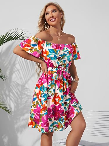Image of Off Shoulder Ruffle Dress for Women, A-Line Mini Dress with Belt, Fitted Bust Summer Wedding Guest Dress