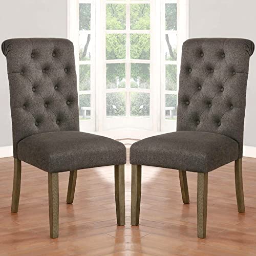 Decorative-Grey-Rolled-Back-Button-Tufted-Dining-Chairs-Set-of-2-French-Country-Modern-Contemporary-Traditional-Upholstered Decorative Grey Rolled Back Button Tufted Dining Chairs Set of 2 French Country Modern Contemporary Traditional Upholstered