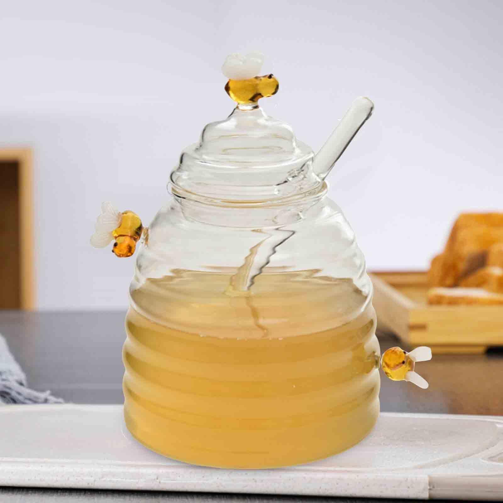 Generic 300ML Honey Dish Honey Jar with Dipper and Lid Large Glass Jar Honey Pot Wooden Honey Dippers Glass Honey Dispenser Containers for Jam, Jelly, Syrup, Honey Jars for Home & Kitchen