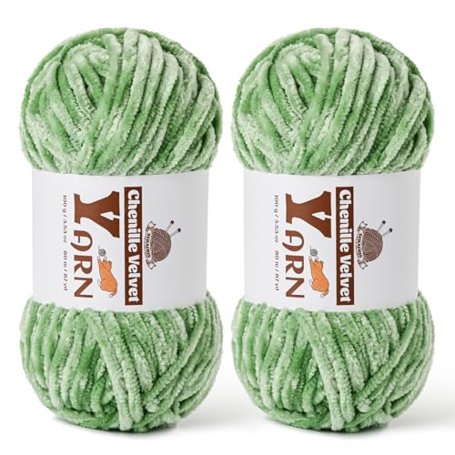 Image of 2 Pack Plush Chenille Chunky Yarn - Fluffy Velvet Yarns Crochet for Blanket Knitting and Crocheting - Soft Baby Yarn for Crocheting - Amigurumi Crochet Yarns 100g (87yds) (2 Avocado Green)