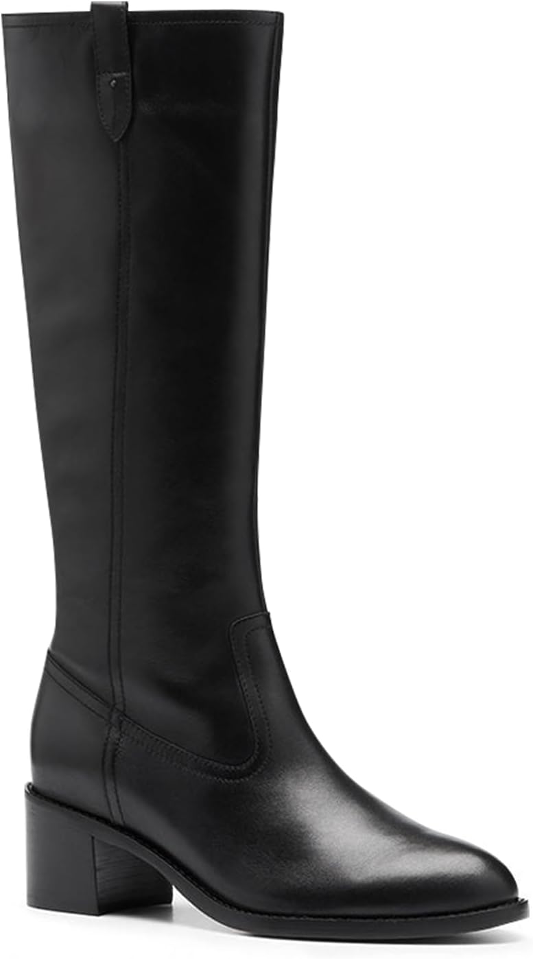 Coutgo Womens Knee High Boots Low Chunky Heel Round Toe Tall Boots Side Zipper Fall Dress Shoes