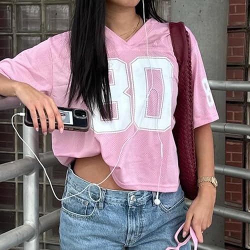 Oversized Number Letter Graphic Mesh T-Shirt for Women Vintage V-Neck Jersey Tops Y2k Short Sleeve Football Tee3