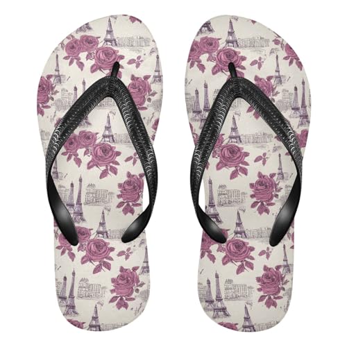 ALAZA Retro Eiffe Tower Rose Flip Flops for Women Fashion Beach Slippers Comfort Mens Flip Flops Non-Slip Rubber Shower Slippers Sandal for Hotel Travel Sport,XS