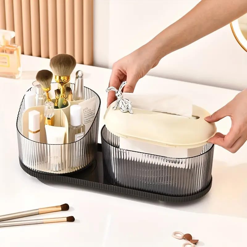 AMPLIN 2 in 1 Cosmetic Organizer with Tissue Box, Tissue Box Cover and Desk Organiser Set, Decorative Glass Storage Box with Tissue Holder, 38 cm x 13.5 cm, Grey