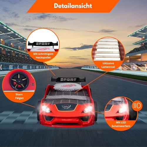 TRAUMMÖBEL Autobett Turbo V2 Kinderbett im Rennwagen-Design mit Lattenrost Farbe Rot