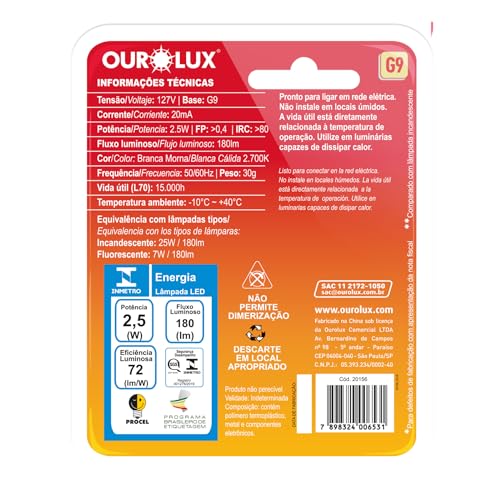Lâmpada SUPERLED Bipino G9 2,5W 127V 2700K Fosca 300° OUROLUX