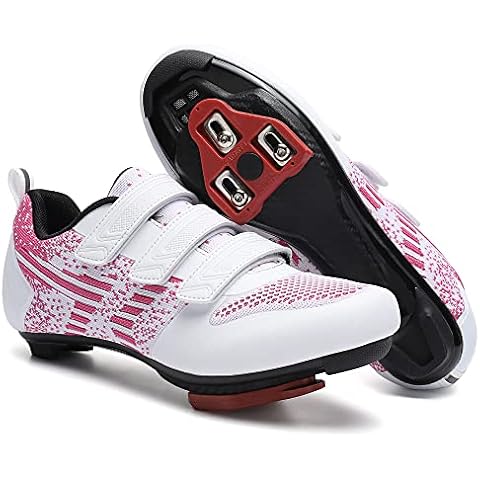 Mens Women Road Bike Cycling Shoes Compatible with Peloton Shimano SPD Bike Riding Shoes for Men Women, Pre-Installed Delta Cleats for Indoor Outdoor Cycling Biking Size 6(White-Pink) Cover