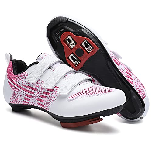 Image of Women Cycling Shoes Bike Riding Shoes 3 Straps Pre-Installed Delta Cleats for Indoor Outdoor Biking Size 4.5 White Pink