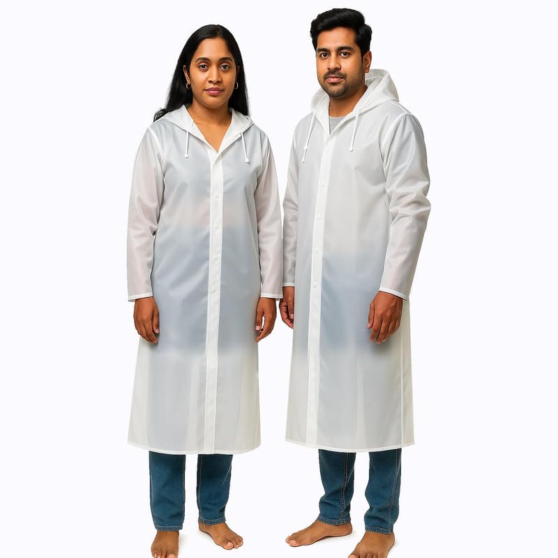 W+ Long Hooded Waterproof Raincoat | Premium EVA Material | Full Length Button Closure Rain Wear Men & Women (White) (2 Piece)-picture-26