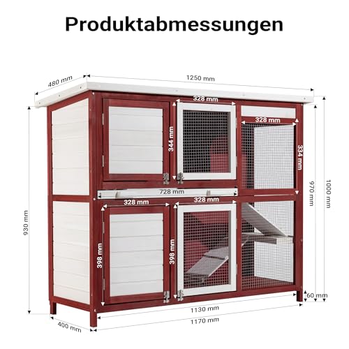 Wiltec Kaninchenstall rot weiß 1175 x 410 x 1000 mm, Hasenstall als Ergänzung für Freilauf, Kaninchenkäfig Hasenkäfig mit 4 Türen und Treppe