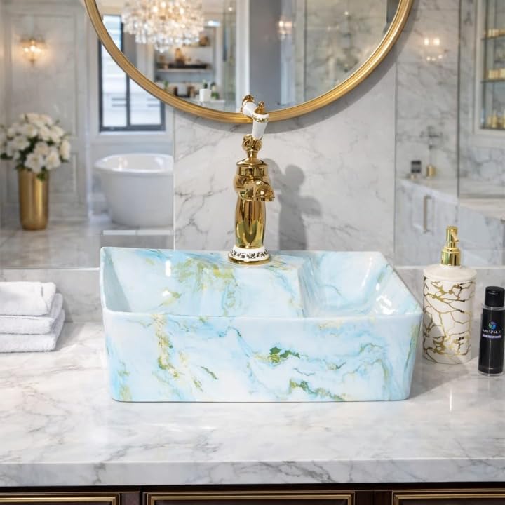 Image of Ceramic Tabletop Wash Basin - Glossy Rectangular Countertop Vessel Sink with Marble Finish for Bathroom & Vanity | Compact 16 x 13 x 5 Inch | Elegant Washbasin