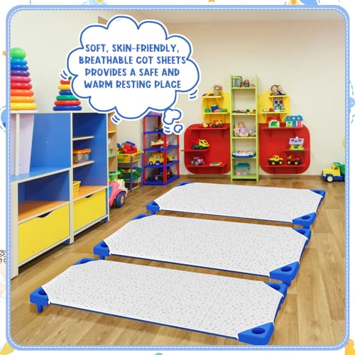 Image of Peryiter 12 Pcs Cot Sheets for Daycare Standard Size 24 inch x 51 inch Toddler Nap Mat Sheets Star Pattern with Corner Elastic Loops Breathable Bed Fitted Cot Crib for Preschool Child Kid Boy Girl (White)