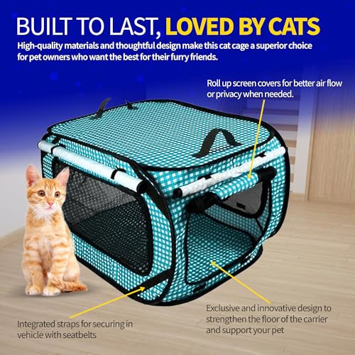 Image of Pet Fit For Life Extra Large Cat Carrier for Travel - Foldable & Portable Collapsible Kennel with Litter Box, Feather Toy & Water /Food Bowl - Ideal for Cars, Long Trips & Indoor Cats - Teal Checkers