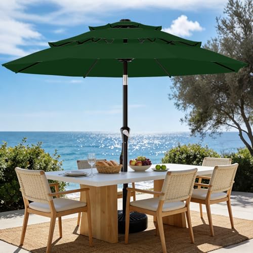 Image of AreShark 9ft 3-Tier Patio Umbrellas, Outdoor Umbrella with 8 Sturdy Ribs UV Protection Windproof, Market Table Umbrella w /Push Button Tilt & Crank for Pool, Porch, Deck, Garden(Dark Green)