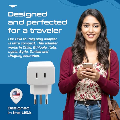 Image of Ceptics Italy Travel Adapter, QC 3.0 & PD, Safe Dual USB & USB-C - 2 USA Socket Compact & Powerful - Use in Uruguay, Libya, Syria, Tunisia, Chile - Type L AP-12 - Fast Charging (AP-12A)