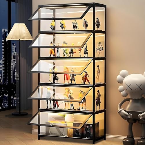 llekondkf Vitrine mit Glastüren, Sammlervitrine, 5-lagige Glasvitrine, 5-Layer Glass Display Cabinet, staubdicht für Wohnzimmer, Schlafzimmer, Büro, Schwarz (Schwarze Klappversion)
