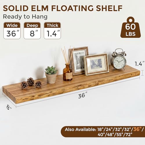 Image of Dreamland 36 Inch Long Floating Shelves Set of 2, Rustic Solid Elm Wood Live Edge Floating Shelf Wall Mounted, 8 Inch Deep Wooden Wall Shelves for Living Room, Bedroom, Bathroom, Kitchen, Natural