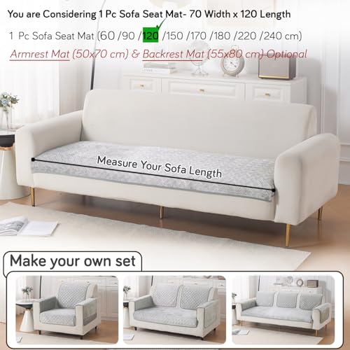 Image of HOKIPO Velvety Quilted Anti-Slip Sofa Cover Mats for L-Shape & 1 /2 / 3 Seater Sofa |DIY Sofa Cover Set, 'Softline Quilted Series' 70(W) x 120(L) cm | Ice Grey (AR-6315-LGRY)