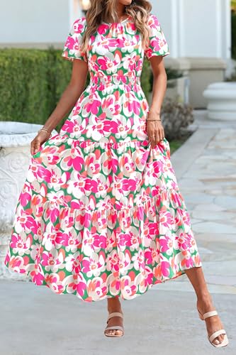 Image of PRETTYGARDEN Women's Casual Smocked Boho Floral A-Line Maxi Dress 2026 | Summer Short Flutter Sleeve Crewneck Tiered Long Sundress,Fall Wedding Guest Dresses,Spring Cute Flowy Beach Vacation Clothes