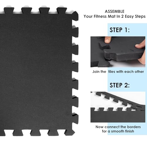 Image of EASY HOME Gym Mats for Floor for Home and Living Room, Interlocking Rubber Floor Gym Mat for Workout at Home, Super Absorbent EVA Foam Workout Mat- 60x60cm - 12mm, Black & Grey (12 Tiles - 48Sqft)