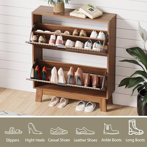Image of Shoe Cabinet Storage for Entryway with 2 Flip Drawers, Fluted Narrow Shoe Organizer with Wooden Legs, Freestanding Slim Shoe Storage Hidden Shoe Rack Organizer for Front Door Entrance, Walnut