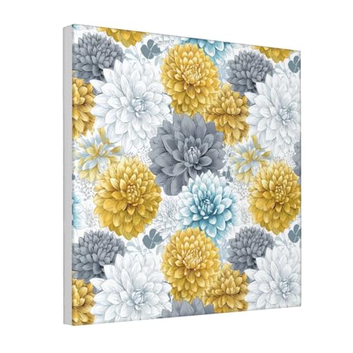 Lienzo decorativo para pared con flores de dalia amarilla y gris enmarcado