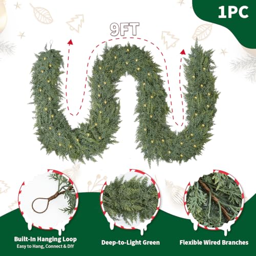9FT Christmas Garland with Lights, Extra Full Lighted Cedar Garland DROPS TO - image 2