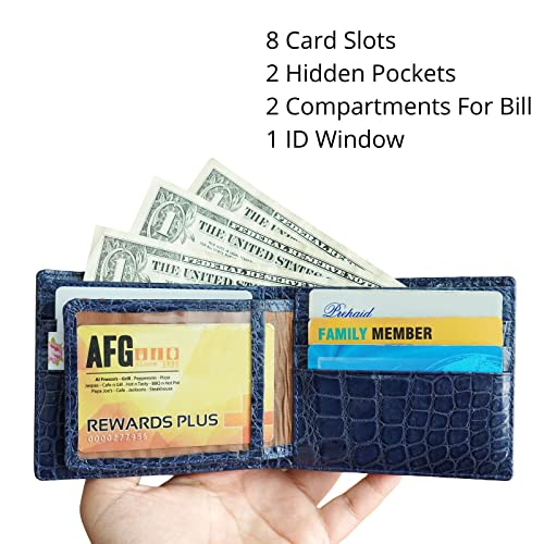 Image of HATA Navy Blue Exotic Bifold Leather Wallet for Men, Double-Side Leather Wallet with RFID Blocking & ID Window Credit Card Holder, Handmade Gift for Birthday, Anniversary, Father's Day VIBE-44