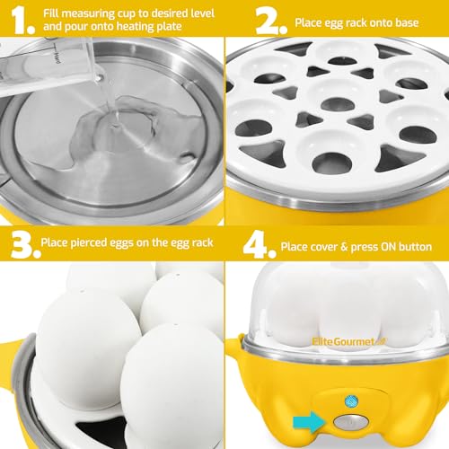 Image of Elite Gourmet Easy Electric 7 Egg Capacity Soft, Medium, Hard-Boiled Cooker Poacher, Scrambled, Omelet Maker with Auto Shut-Off and Buzzer, BPA Free