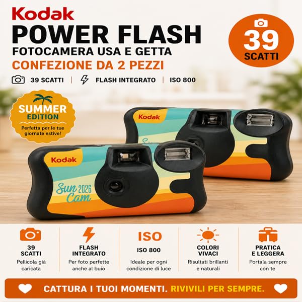 Confezione da 2 Fotocamere Usa e Getta Kodak Summer Edition con Flash Integrato, 39 scatti ISO 800 - Ideali Per Vacanze, Matrimoni, Feste, Compleanni, Eventi e Viaggi
