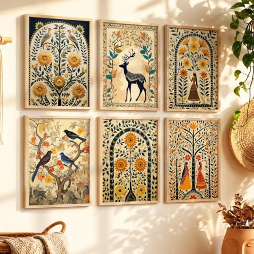 Image of kotart Premium Digital Madhubani Art Paintings with Frame for Home Decor - Framed Painting Living Room Bedroom Office - Wall Decoration - Pack of 6 (14X20 Inch, C)