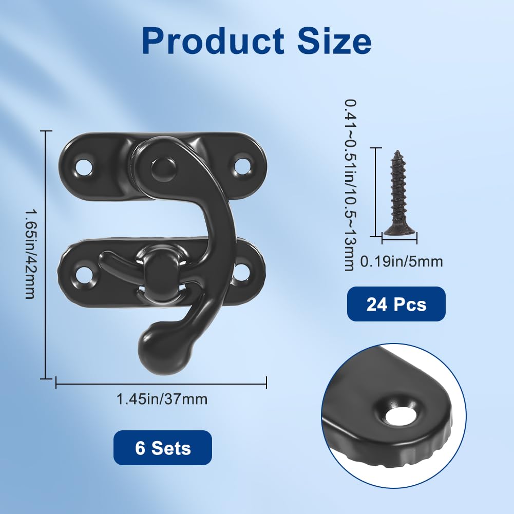 CRASPIRE 6 Sets Vintage Lock Clasp 37 x 42mm Black Mini Swing Arm Clasp Latch Right Toggle Hasp Hook with Screws Metal Catch Curved Buckle for Suitcase Jewelry Box Toolbox - Image 2