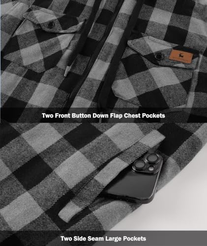Image of V VALANCH Men's Flannel Shirt Jacket with Hood Fleece Lined Plaid Jacket Zip Up Winter Warm Coat