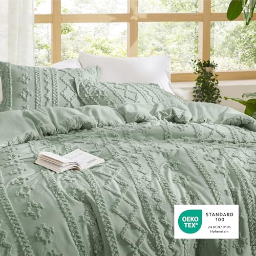 Image of Bedsure Tufted Boho Comforter Set Full Size - Sage Green Boho Bed Set, GentleSoft 3 Pieces Farmhouse-Style Embroidery Bedding, Gifts for Woman, Soft Jacquard Kids' Full Comforter for All Seasons