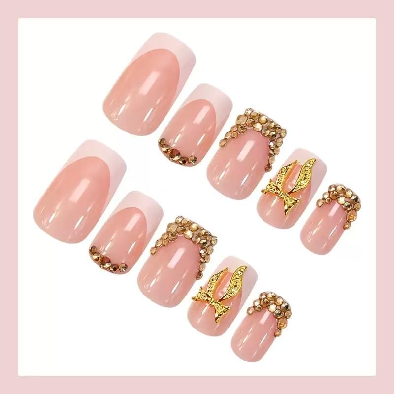 French Tip Press On Nails - Short Square Design with Charms