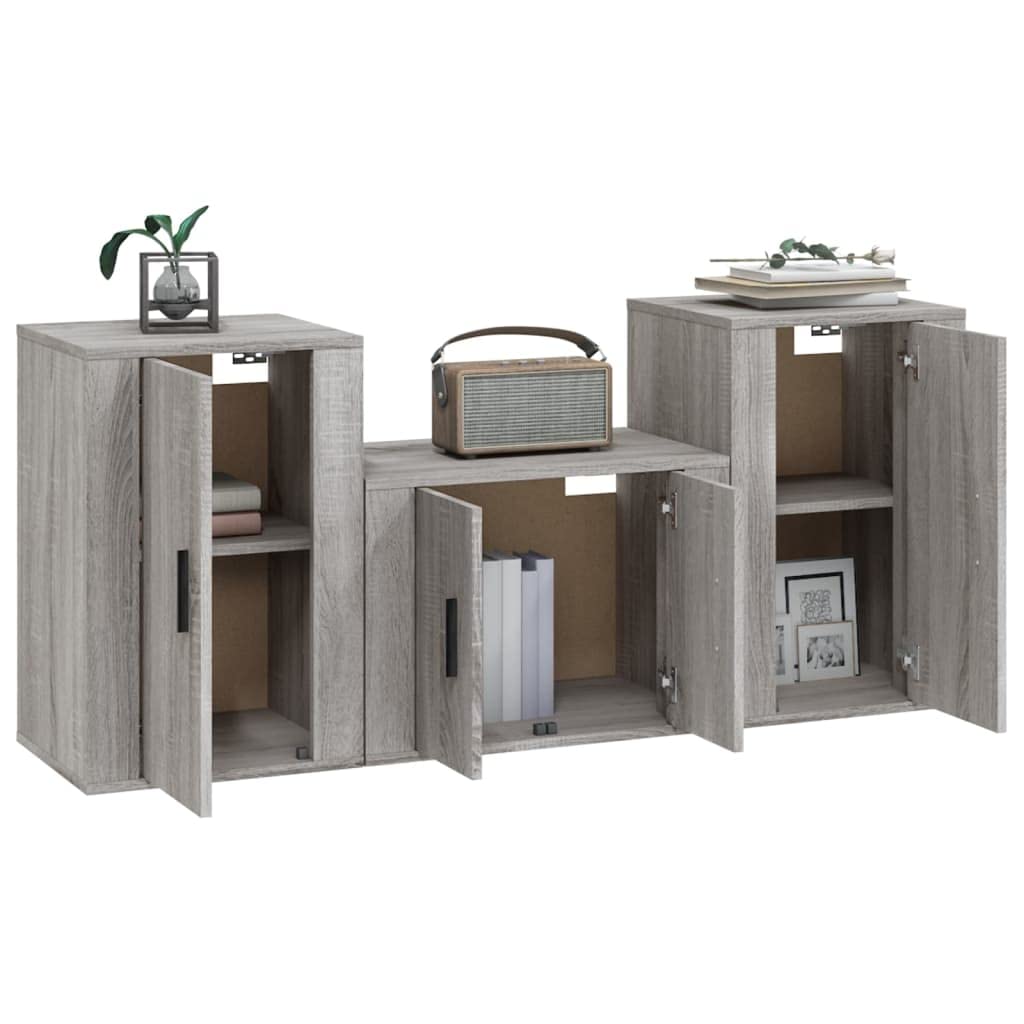 3-TLG. TV-Schrank-Set Grau Sonoma Holzwerkstoff, Wandmontage, Modernes Media-Center für Wohnzimmer, Robust & Stabil