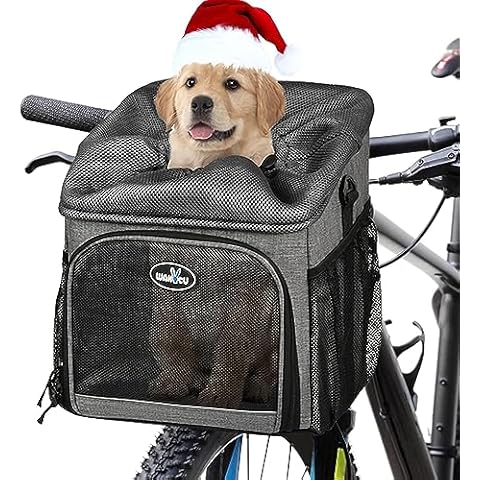 Wakytu Dog Bike Basket Carrier, Pet Bicycle Front Carrier Backpack for Bike Riding Foldable Removable, Reflective Strips, 2 Side Storage Pockets, Pet Travel Bag for Cats Small Dogs Cover
