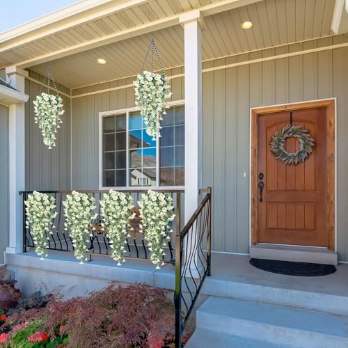 2 Pack Artificial Flowers for Outdoors UV Resistant Fake Morning Glory Vine Hanging Flowers for Porch Garden Fence Decor Weatherproof Silk Flower Garland (White) image 5